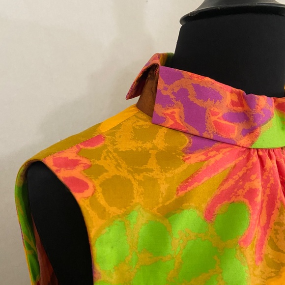 Vintage 60s 70s Maxi Dress Tiki Tropical Floral Cotton Orange Retro Mod M 8 10 - Picture 5 of 14